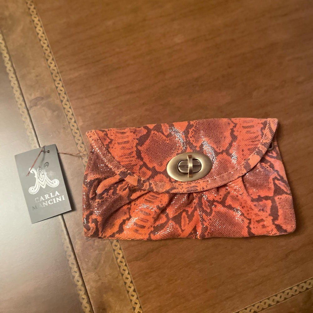 Carla Mancini Orange Snakeskin-Print Clutch with Turn-Lock